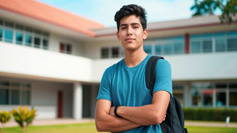 Joven mexicana segura en campus moderno