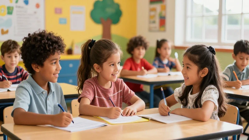 Niño mexicano alegre en aula moderna