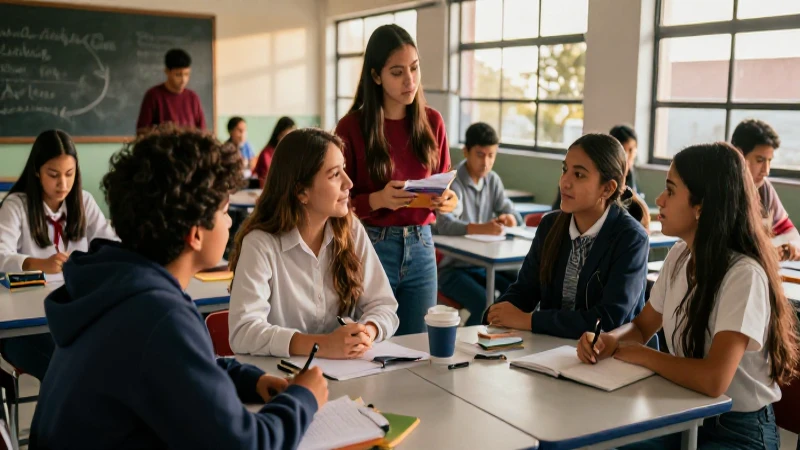 Estudiantes de preparatoria colaborando con luz dorada