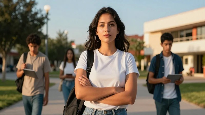 Estudiante mexicano vibrante en campus cinematográfico