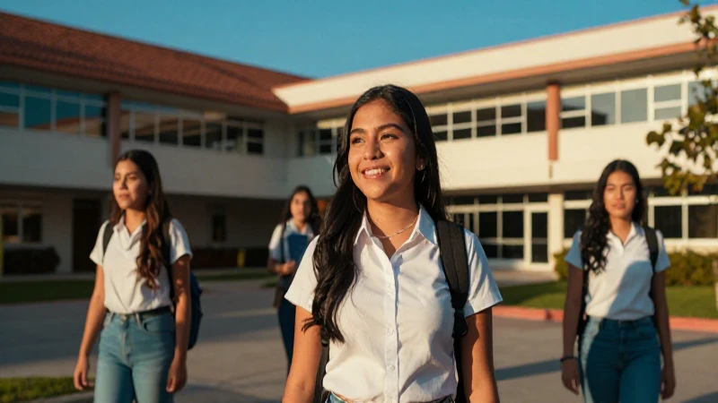 Éxito estudiantil mexicano en campus moderno y vibrante