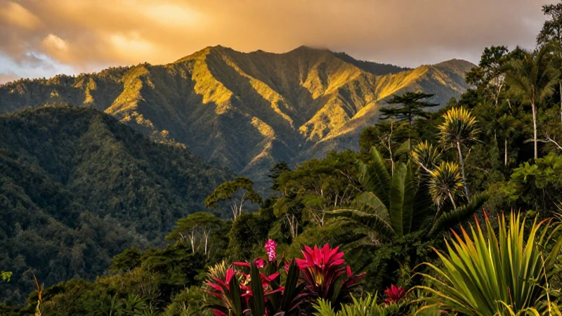 Montañas majestosas, bosque frondoso y luz dramática
