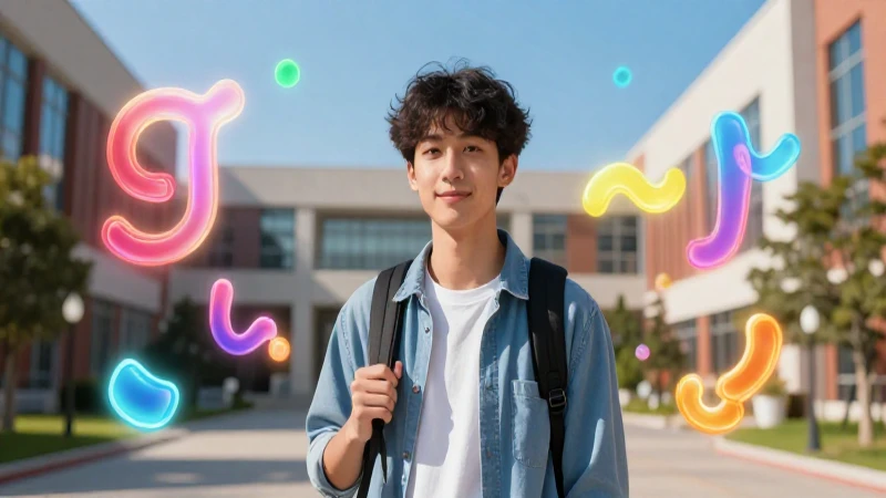 Joven estudiante brillante en campus vibrante