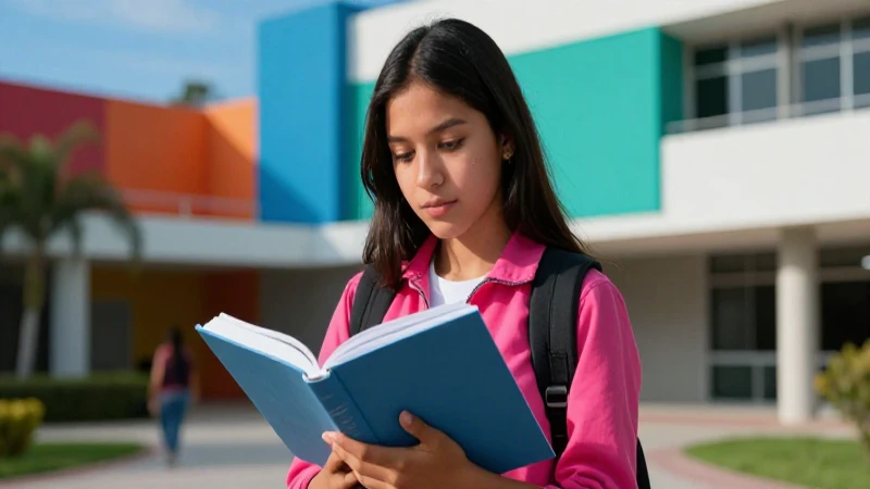 Estudiante mexicano lee en campus moderno