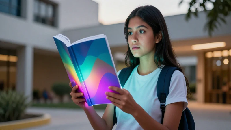 Estudiante mexicano mira libro abstracto con foco intenso