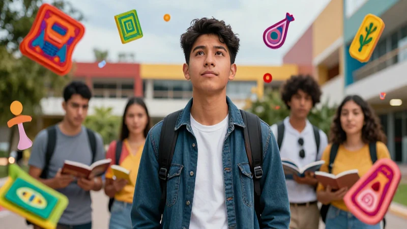 Joven mexicano esperanzado en entorno cultural moderno