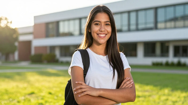 Joven estudiante mexicana sonriente en campus moderno