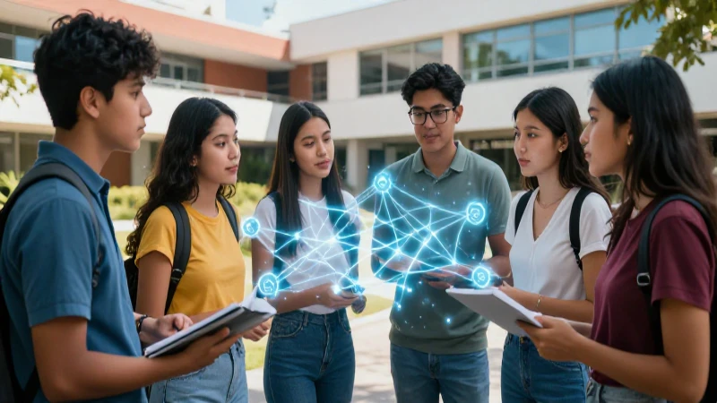 Estudiantes colaborando en interconexión interuniversitaria moderna