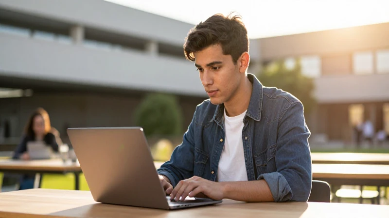 Joven estudiosa con laptop bajo luz dorada en una universidad española