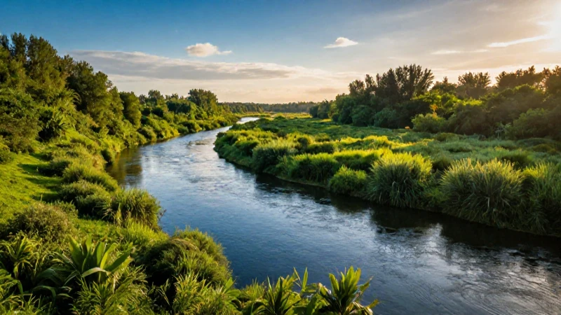 Río dorado, exuberante y detallado paisaje natural