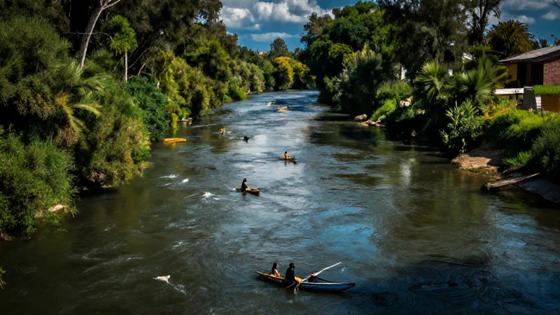 Río vibrante, agricultura y luz dramática