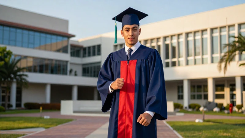 Joven graduado mexicano en campus con luz dorada
