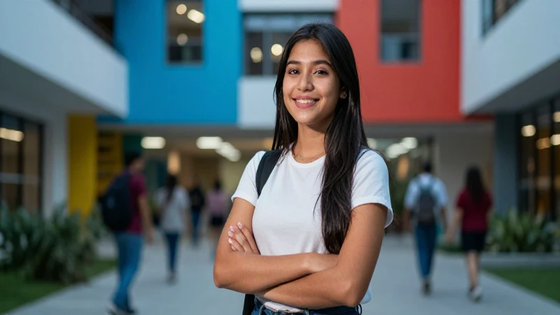 Estudiante mexicano sonríe con estilo en campus moderno