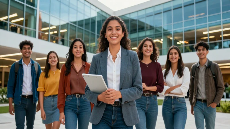 Estudiantes exitosos en campus tecnológico vibrante