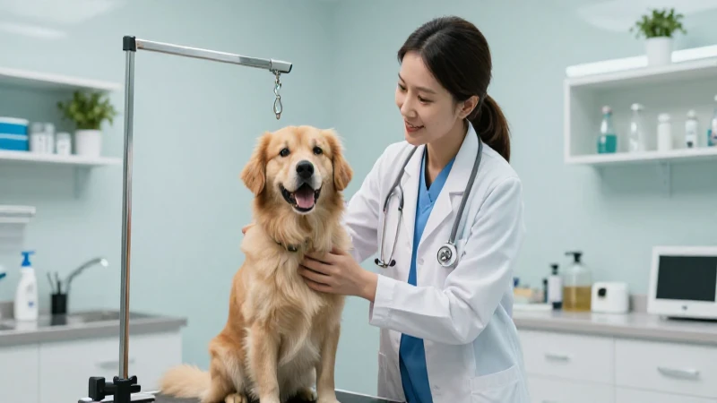 Veterinario gentil evalúa a perro sano en clínica moderna