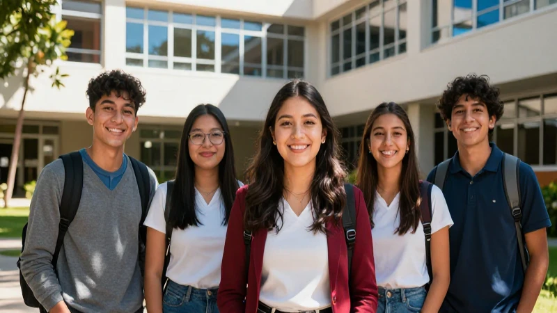 Estudiantes mexicanos sonrientes en un moderno campus luminoso