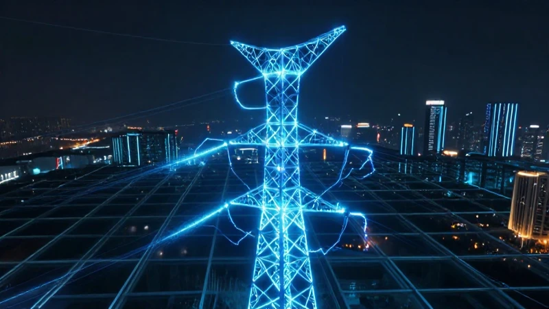 Torre de alta tensión futurista con energía eléctrica
