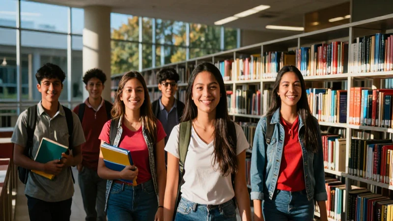 Estudiantes mexicanos en biblioteca moderna