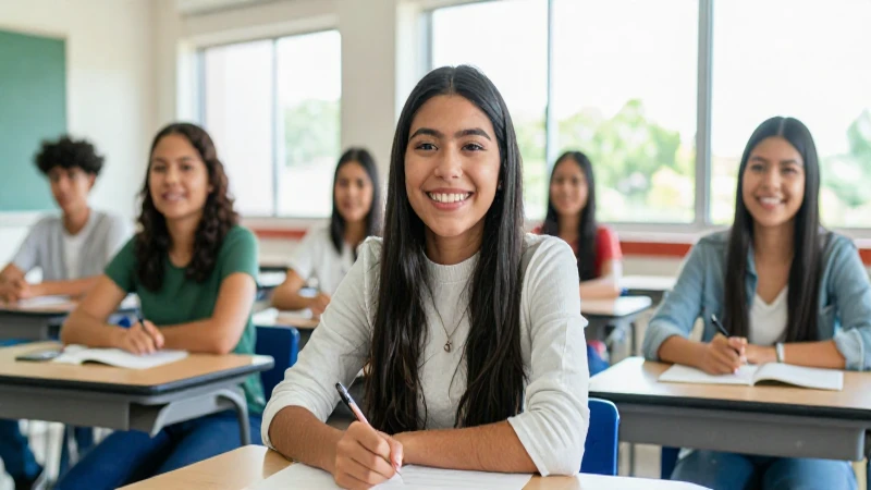 Estudiante mexicano sonríe en clase con luz vibrante