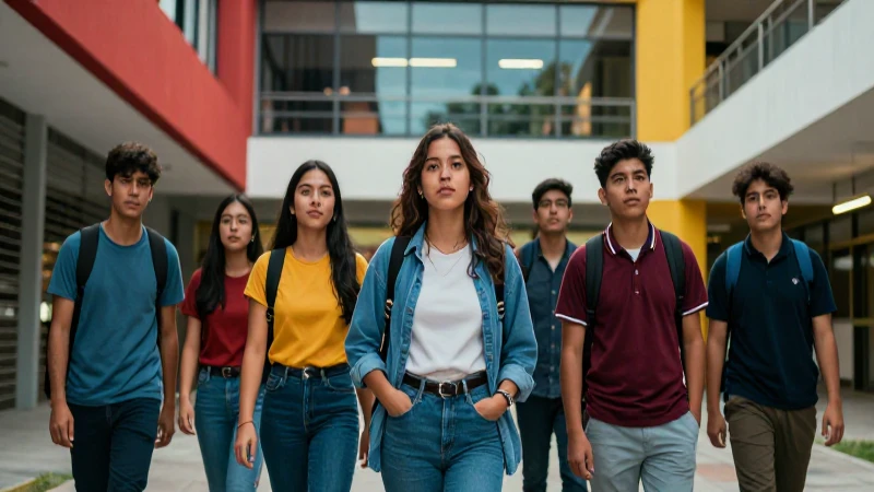Estudiantes mexicanos ambiciosos en campus moderno