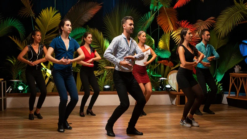 Banda de salsa vibrante con iluminación cinematográfica
