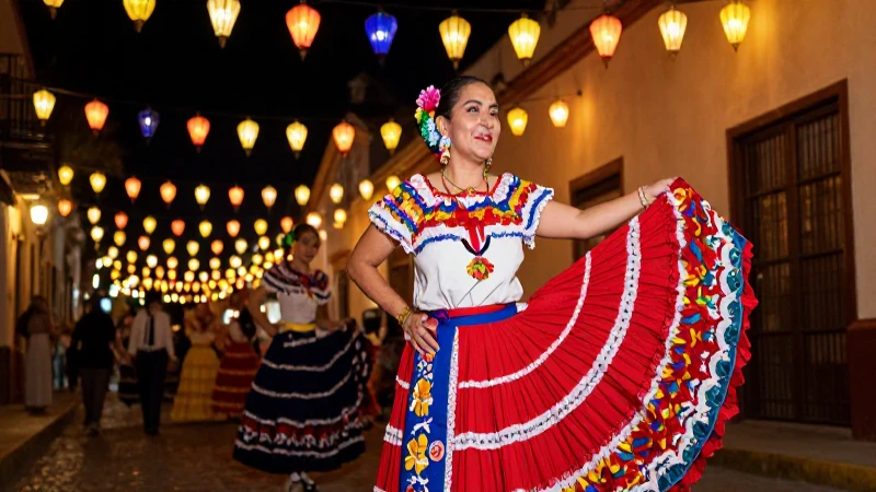 Vestido mexicano vibrante en noche festiva