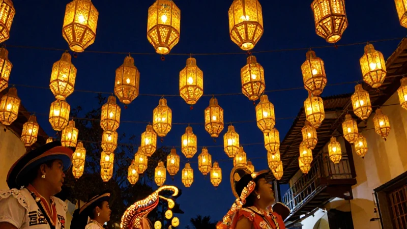 Fiesta mexicana vibrante con luces doradas