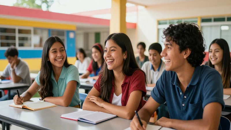 Estudiantes mexicanos riendo en clase moderna