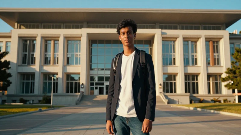 Estudiante joven en campus universitario al atardecer