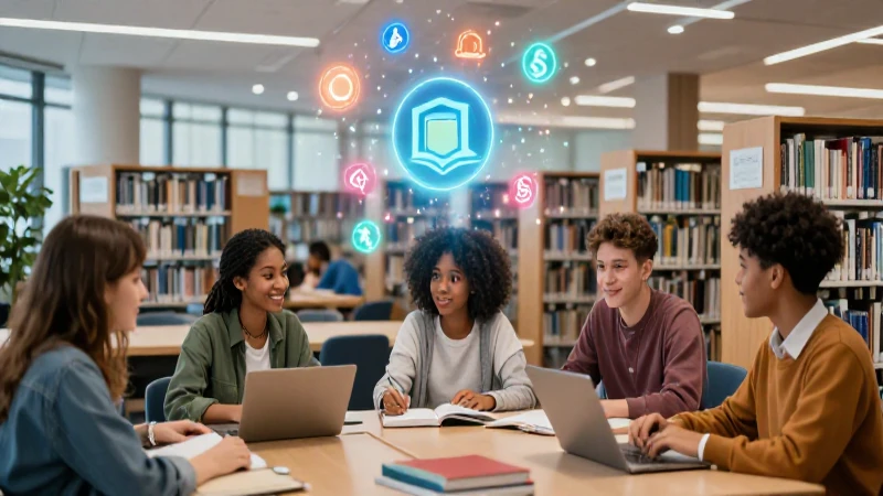 Estudiantes colaboran en una biblioteca con símbolos de conocimiento