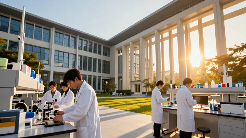 Investigadores en laboratorio universitario al atardecer