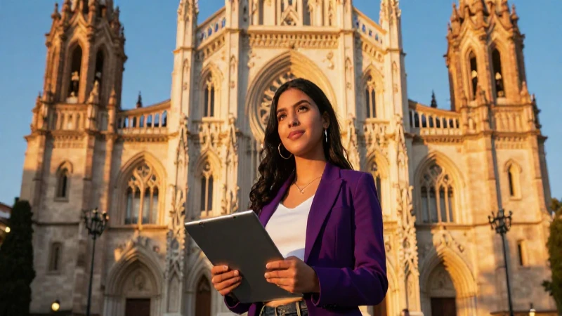 Estudiante atractiva en arquitectura gótica europea