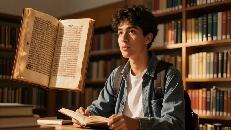 Joven estudia en librería con luz épica