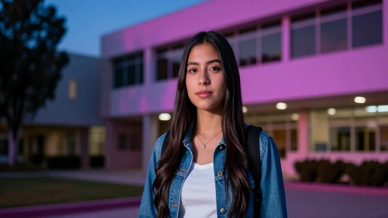 Estudiante mexicana exitosa en campus moderno