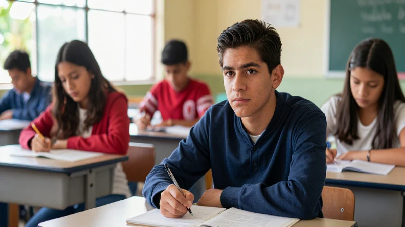 Estudiante mexicano, aula vibrante, fotografía cinematográfica