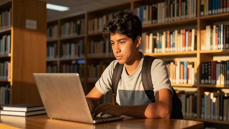 Joven estudiante mexicano en biblioteca con luz dorada
