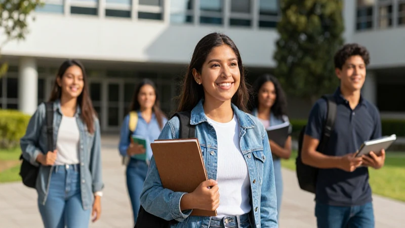 Estudiante mexicano sonríe en campus moderno