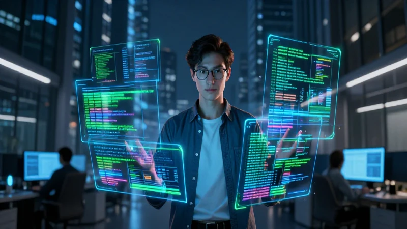 Joven programador en oficina futurista con luz dramática