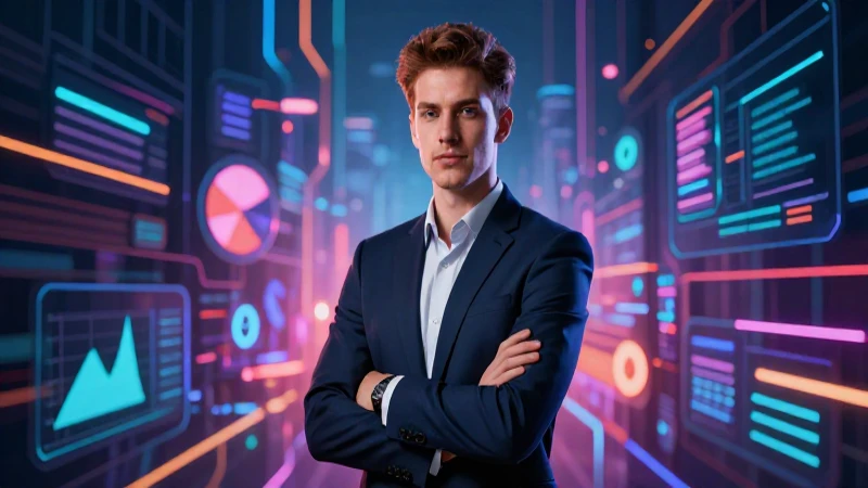 Profesional exitosa en un entorno tecnológico futurista