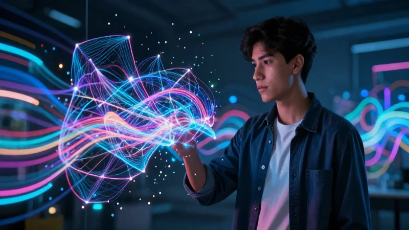 Joven mexicano estudiante con red holográfica