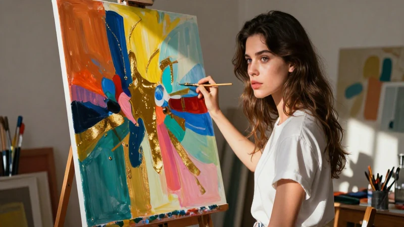 Artista vibrante en estudio con arte moderno