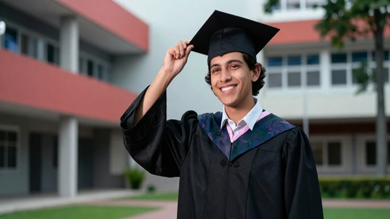 Estudiante mexicano exitoso, graduado en campus moderno