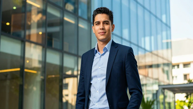 Joven profesional mexicano en oficina moderna y vibrante