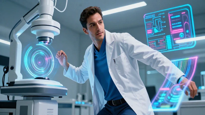 Profesional mexicano moderno con tecnología médica futurista