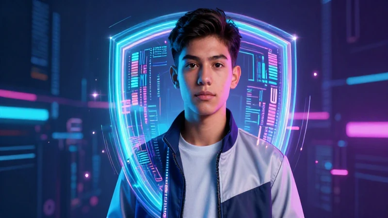 Estudiante mexicano cyberpunk con escudo de datos holográfico