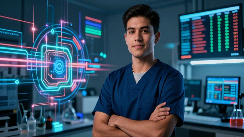 Joven profesional mexicano en laboratorio futurista