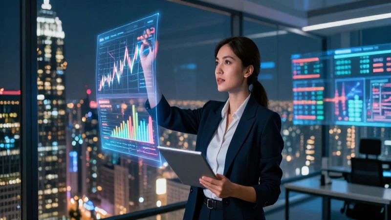Analista financiero exitoso en una ciudad futurista