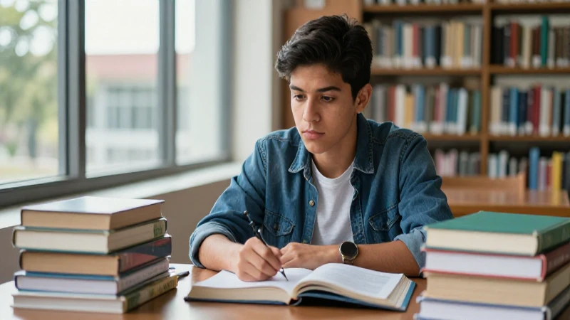 Estudiante mexicano rodeado de libros en biblioteca moderna