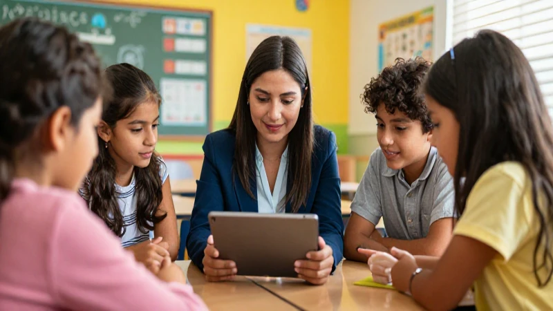 Asesor técnico en aula moderna con estudiantes colaborando digitalmente