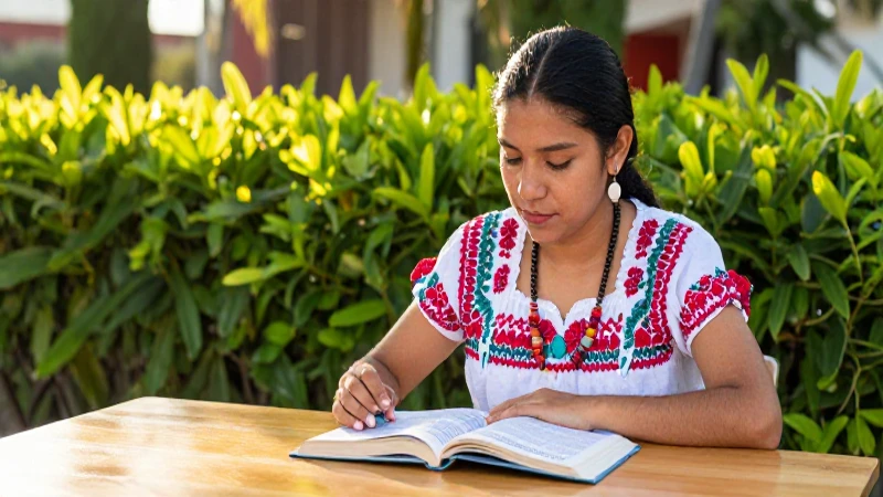 Joven mexicana estudiando con beca en campus vibrante